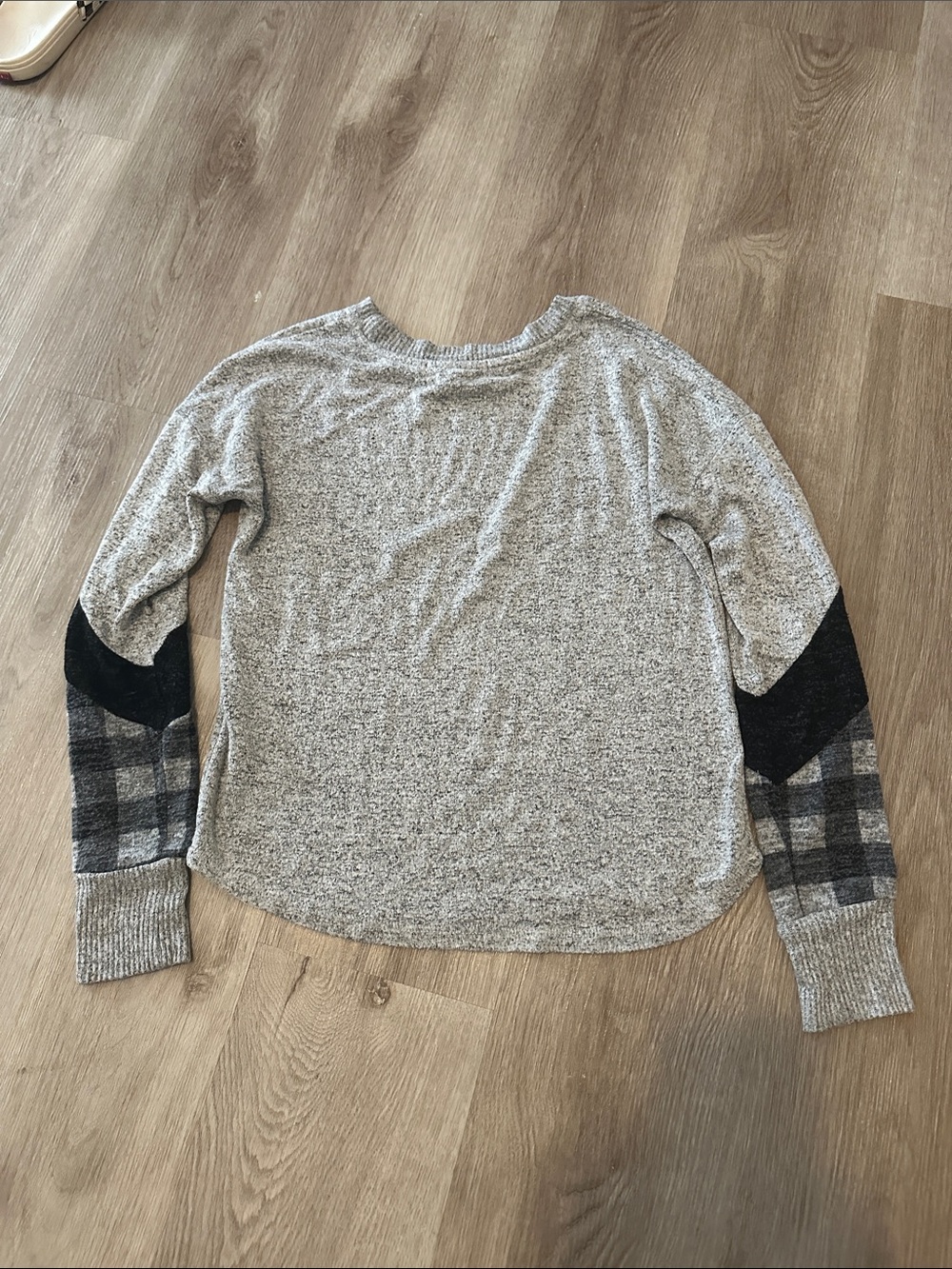 Hippie Rose Grey Knit Pullover with Black Plaid Sleeve Panels